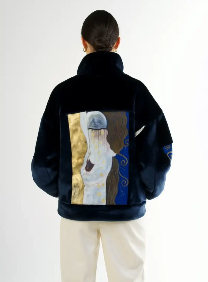 Ręcznie malowane sztuczne futerko NAVY BLUE GUSTAV – granatowy krótki fason