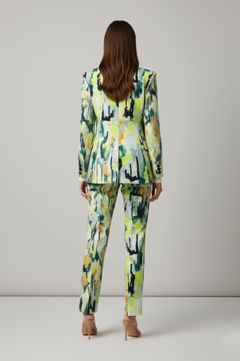 Garnitur damski LIME ABSTRACTION – widok z tyłu, dopasowana marynarka i spodnie cygaretki