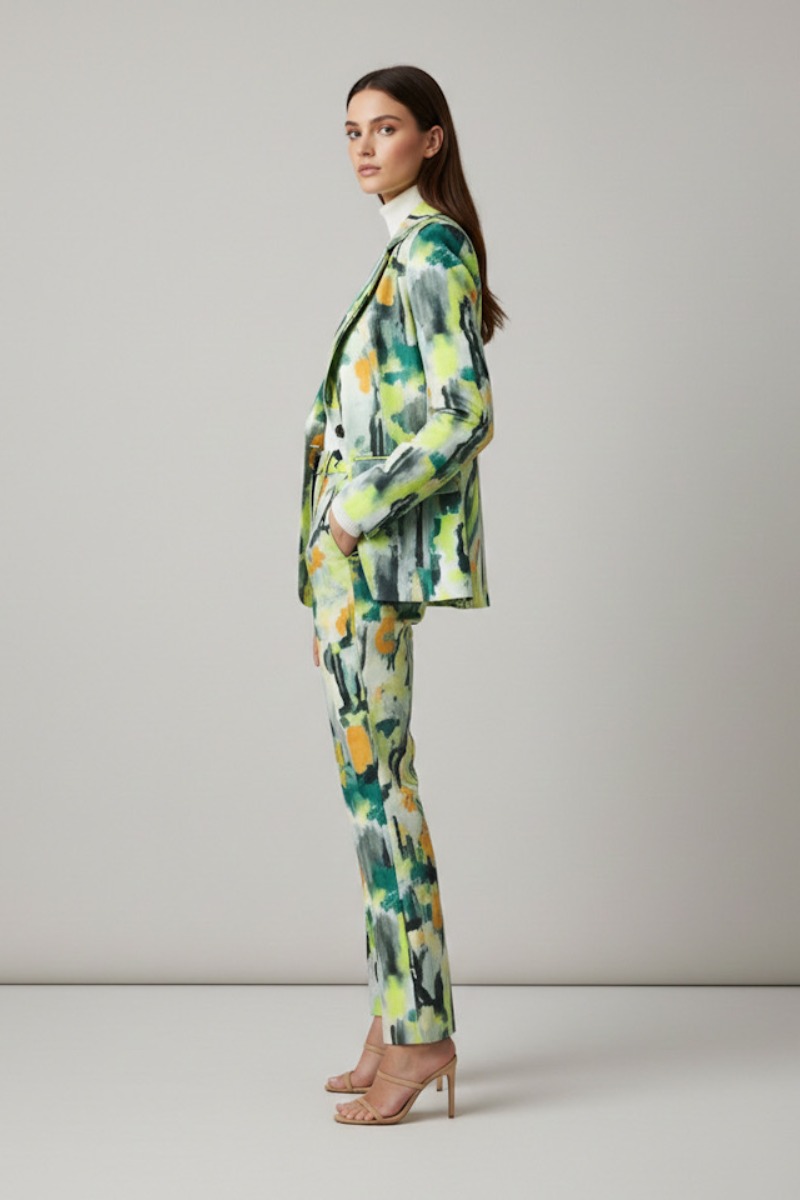 Limonkowy garnitur damski LIME ABSTRACTION na modelce – nowoczesny garnitur damski komplet o wyrazistym kolorze