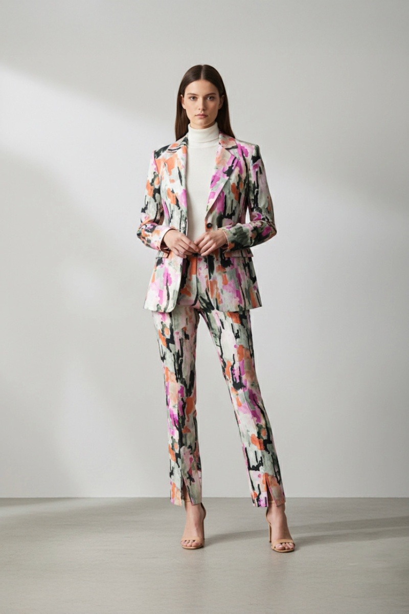 Garnitur damski PINK ABSTRACTION – elegancki różowy garnitur damski komplet z taliowaną marynarką i spodniami cygaretki