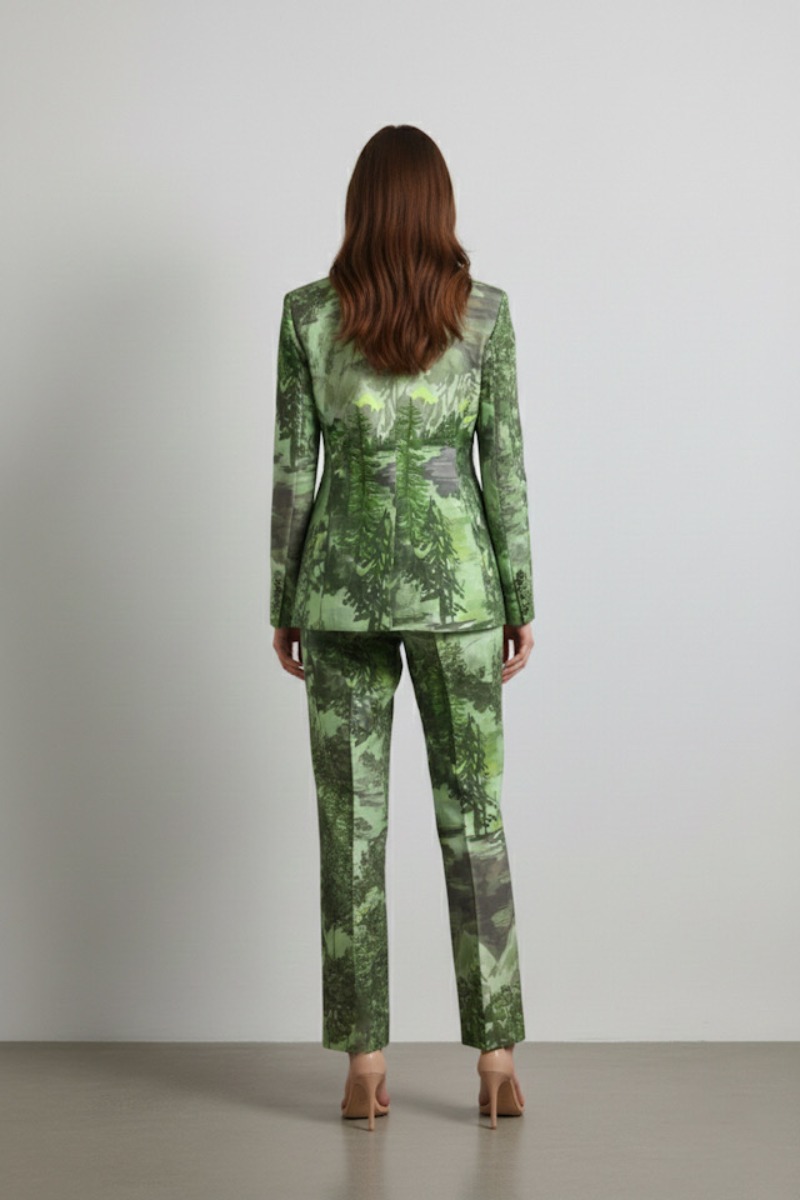 Elegancki garnitur damski Green Landscape na modelce – nowoczesny garnitur damski komplet w zielonym kolorze