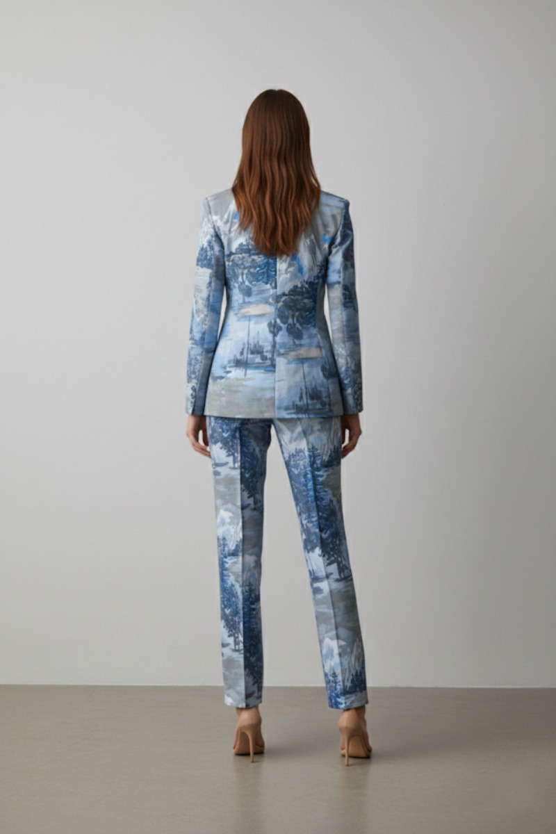 Elegancki garnitur damski Blue Landscape na modelce – nowoczesny garnitur damski komplet w niebieskim kolorze