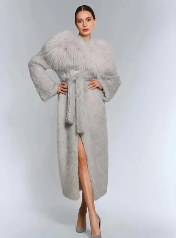 Szare sztuczne futro SUPERSTAR – elegancki płaszcz maxi