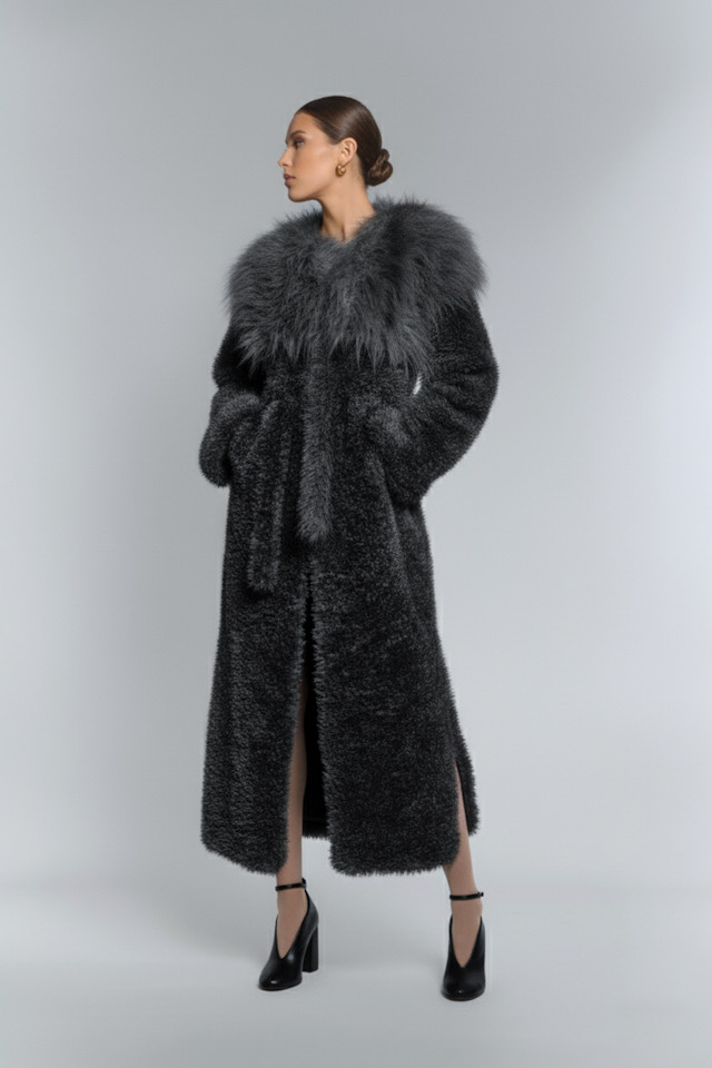 Grafitowe sztuczne futro SUPERSTAR – elegancki płaszcz maxi