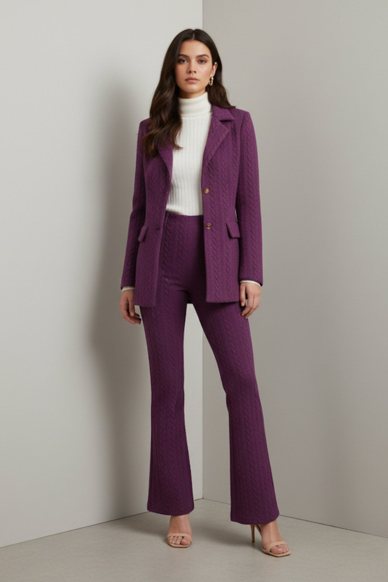 Fioletowy garnitur damski – jednorzędowa marynarka na dwa guziki i spodnie dzwony we wzór warkocza