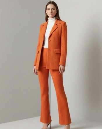Pomarańczowy garnitur damski – jednorzędowa marynarka na dwa guziki i spodnie dzwony we wzór warkocza