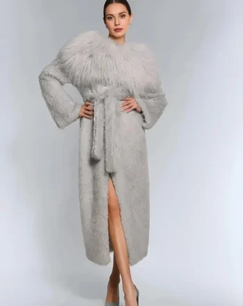 Szare sztuczne futro SUPERSTAR – elegancki płaszcz maxi